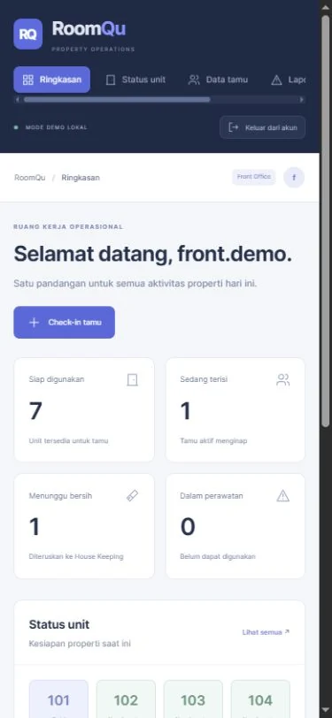 RoomQu — Ringkasan Front Office pada layar mobile.
